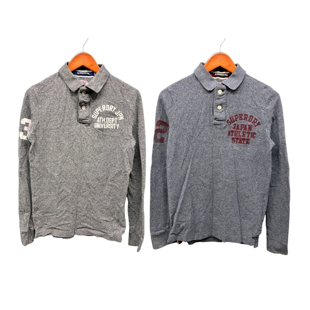 Superdry Superstate Long Sleeve Polo Shirt Lot Mens S Gray Graphic Collegiate